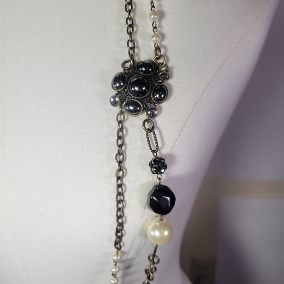 Lia Sophia Layered Mixed Chain Necklace With Faux Pearl & Black Bead Accents - Picture 2 of 6